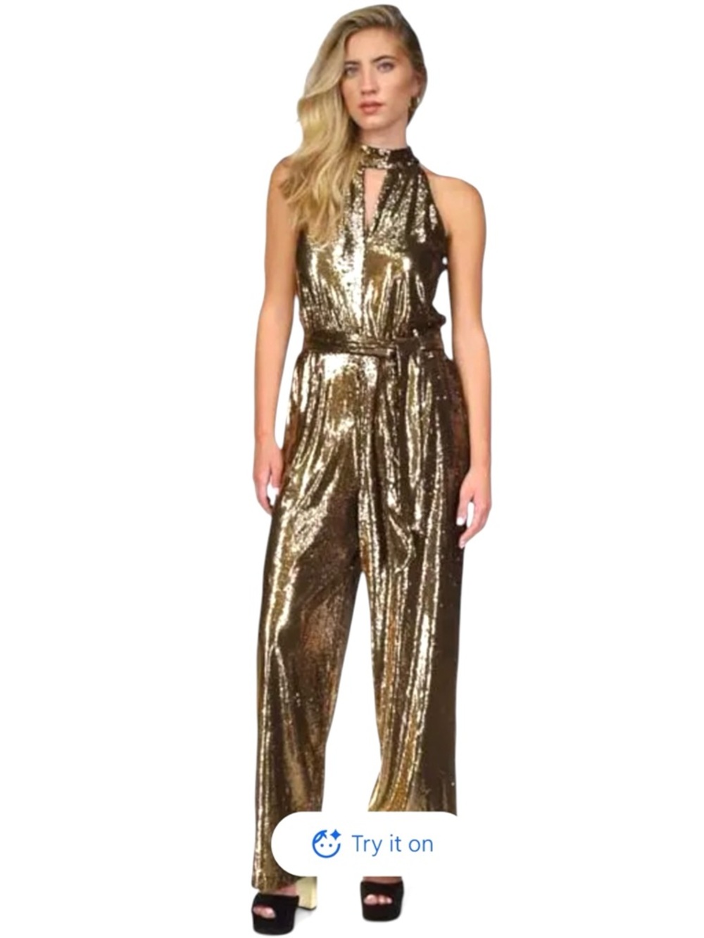 Michael Kors Gold Sequin Halter Wide Leg Jumpsuit - Picture 3 of 11